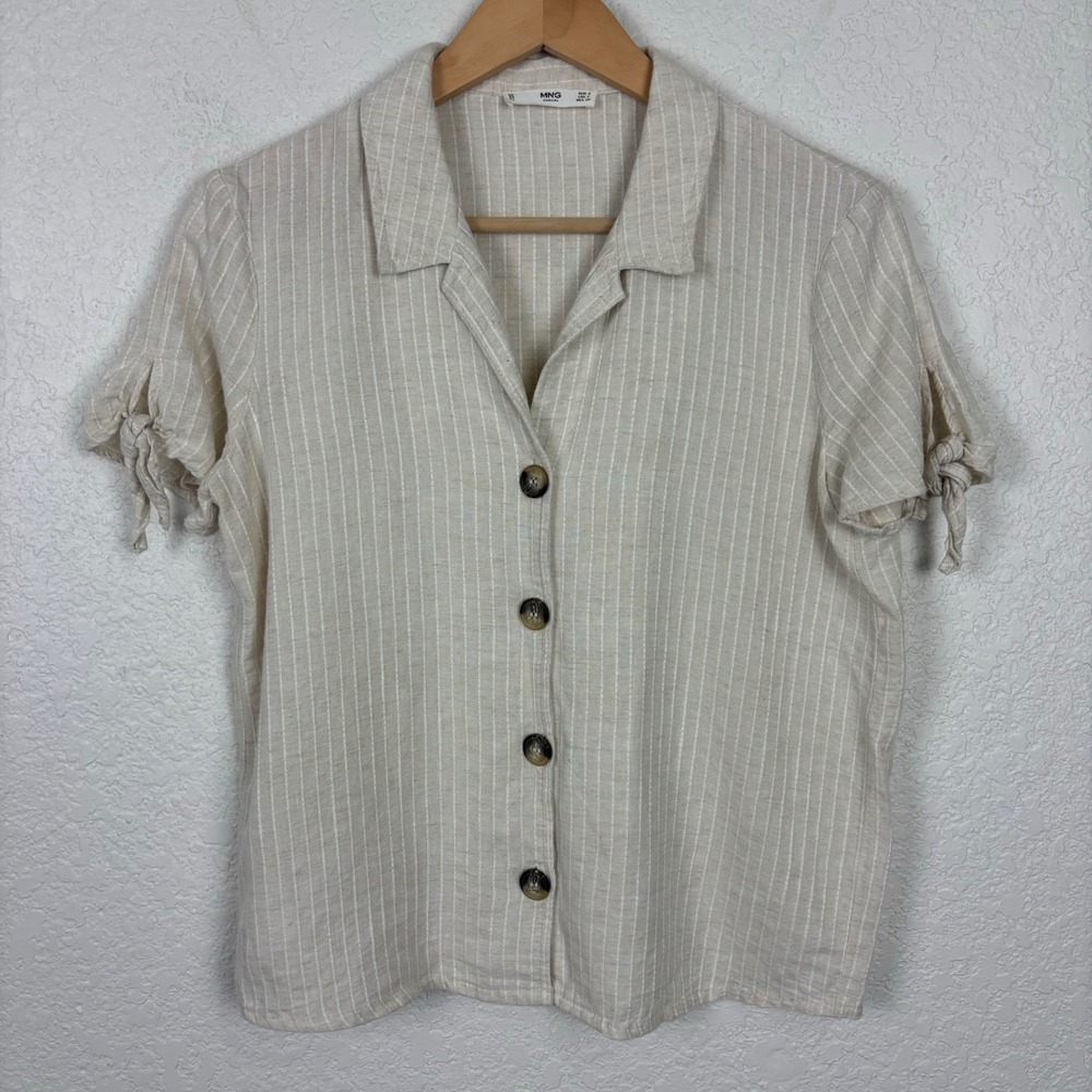 MNG Casual Striped Button-Down Top Short Sleeve Tie Detail Size S